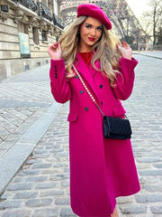 Rose Red Doluble Breasted Notched Loose Long Blazer