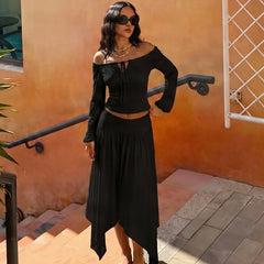 Black off shoulder long sleeve crop top and asymmetrical hem midi skirt two-piece set