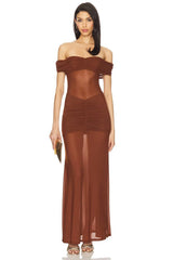 Off-the-shoulder sheer tulle maxi dress front view