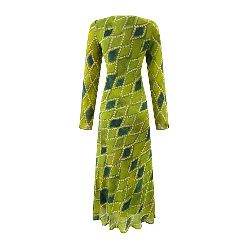 V-neck tie-front long sleeve midi dress with diamond pattern, back view.