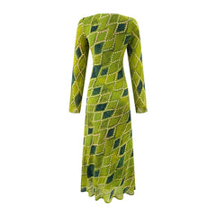 V-neck tie-front long sleeve midi dress with diamond pattern, back view.