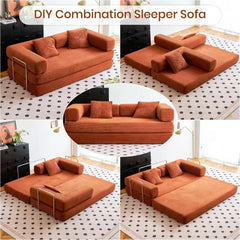 Collage of a DIY combination sleeper sofa in various positions on a polka dot rug.