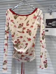 Floral Mesh Tie Back Long Sleeve Top - Front View