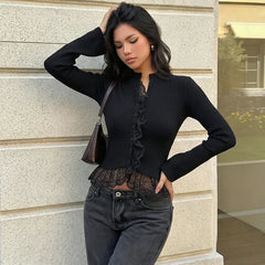 Ribbed Lace Trim Mock Neck Top