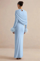 Draped Feather Cuff Maxi Dress
