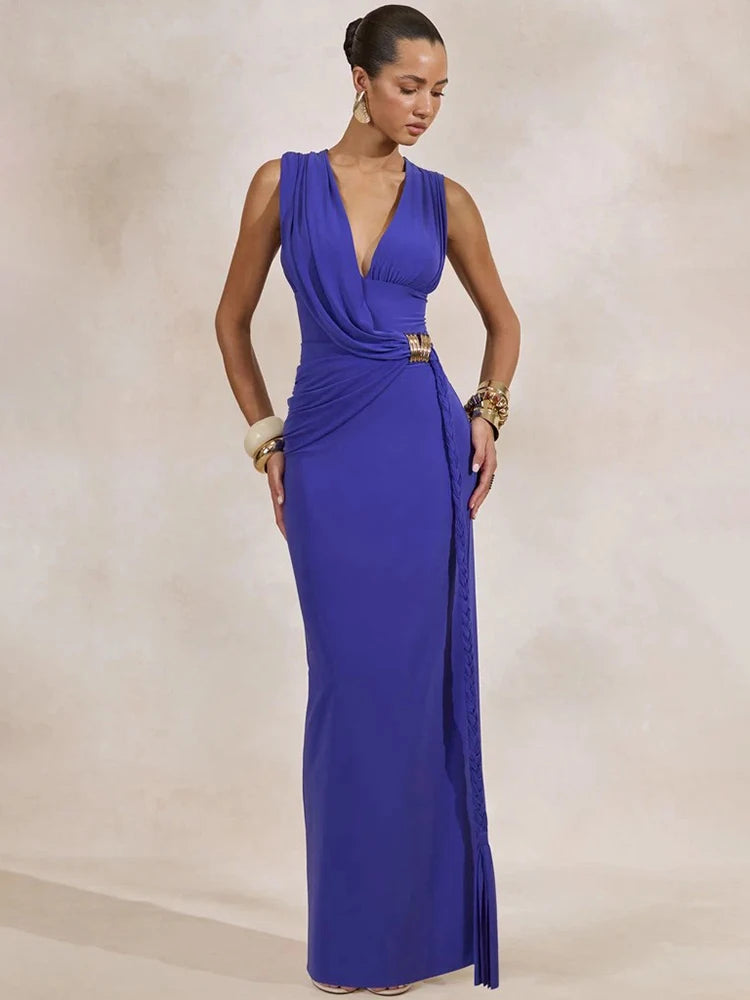 Blue draped sleeveless maxi dress with gold accessory detail