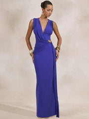 Blue draped sleeveless maxi dress with gold accessory detail