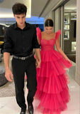  Ruffle Strap Women's Red A-line Layered Tulle Prom Dress