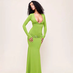 Plunge Neck Full Sleeve Waist Detailed Maxi Dress