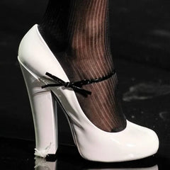 White patent leather square heel pump with ankle strap