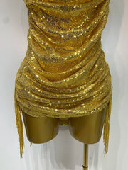 Gold Sequin Cowl Neck Drawstring Bodysuit