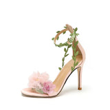 Pink Pastoral Chiffon Flower High Heel Straight Vine Strap Shoes