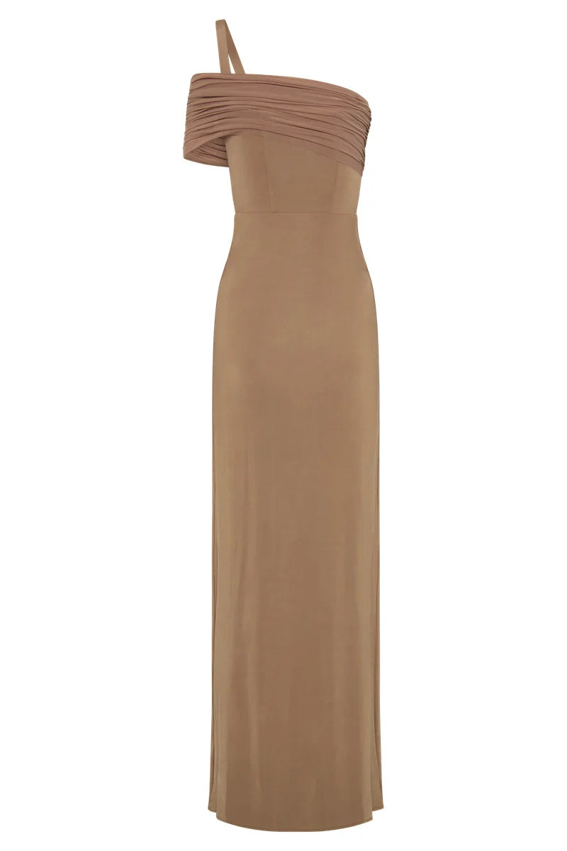 Tan one-shoulder dress on a white background