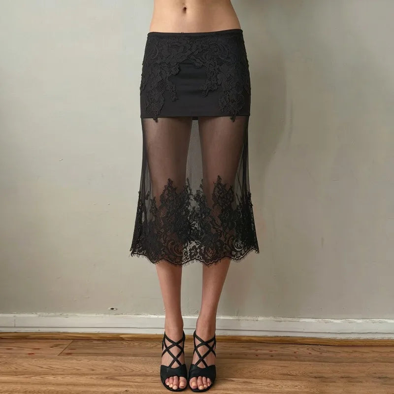 Full view of a person wearing the sheer lace midi skirt.