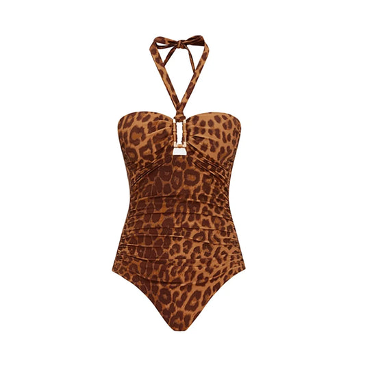 Leopard print halter neck one-piece swimsuit