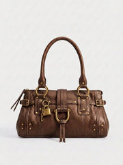 Structured Rivet Lock Shoulder Bag