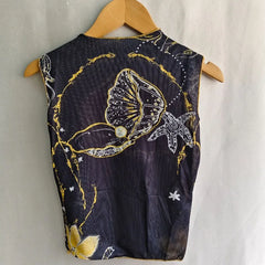 Graphic Print Mock Neck Sleeveless Mesh Top