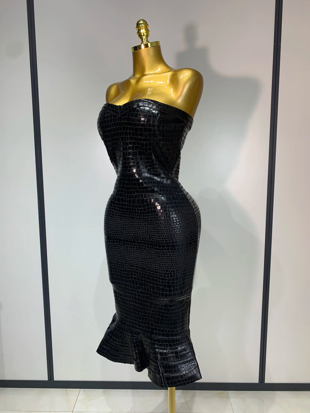 Strapless Crocodile-Embossed Bodycon Midi Dress