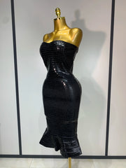 Strapless Crocodile-Embossed Bodycon Midi Dress