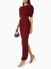 Pleated cape long dress with sculpted silhouette
