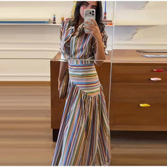 Multicolor Striped Button Shirt and Maxi Skirt Set