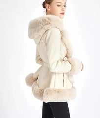  Golden Atelier Women's Faux Fur Hood Suede Coat with Belt Beige Four