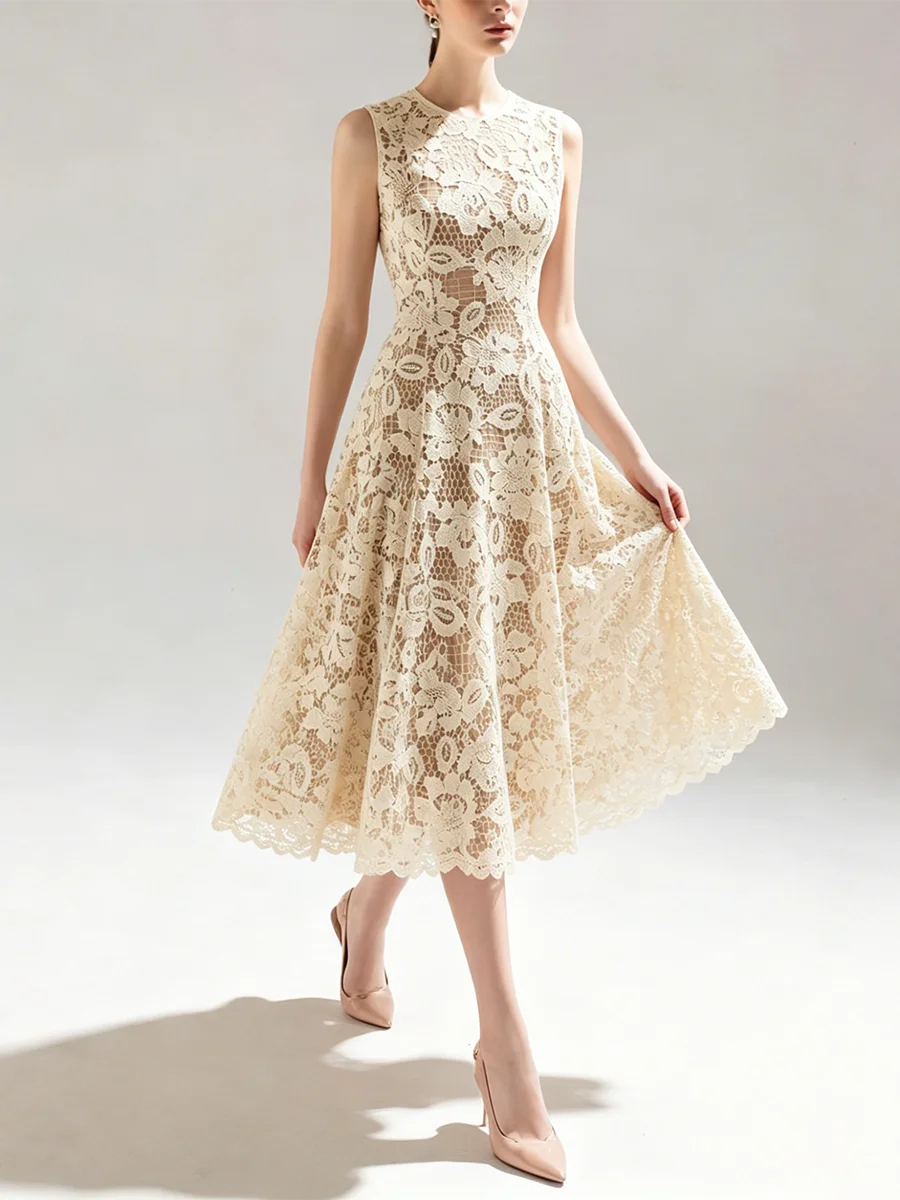 Round neck sleeveless lace midi dress with flared skirt