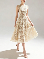 Round neck sleeveless lace midi dress with flared skirt