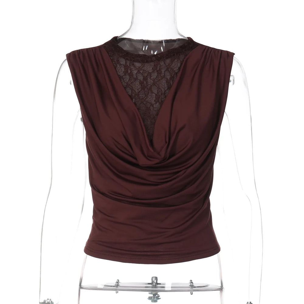 Brown sleeveless top with lace detail on a mannequin against a white background