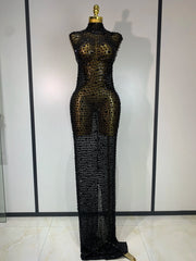 Rhinestone High Neck Sleeveless Dress