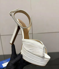 Rhinestone Pleated Mesh Open-Toe Ankle Strap Heels