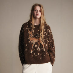 Dark brown crew neck knit sweater with fawn graphic print