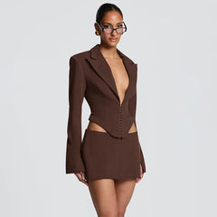 Structured Crop Hook Deep Neck Blazer and Mini Skirt Set