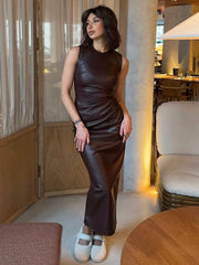 Sleeveless Faux Leather Pleated Hip-Hugging Dress