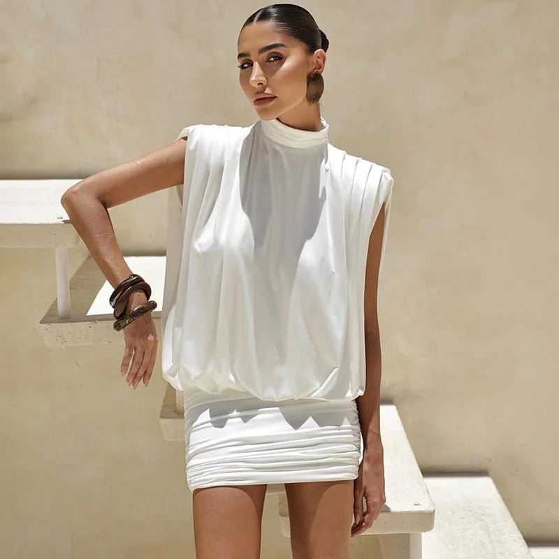 White halter neck ruched mini dress, front view