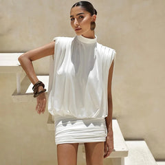White halter neck ruched mini dress, front view