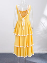 Tiered Contrast Seam Ruffle Trim Sleeveless Maxi Dress