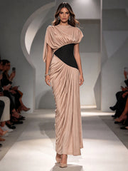 Draped colorblock maxi dress on model