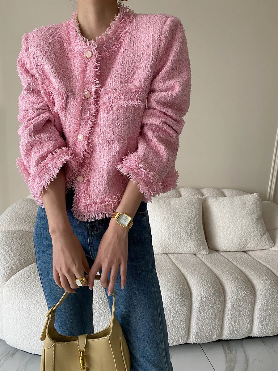 Pink Fringe Fur Shoulder Pad Tweed Blazer