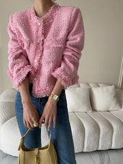 Pink Fringe Fur Shoulder Pad Tweed Blazer