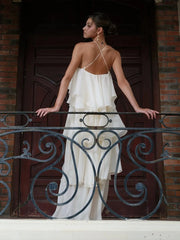Back view of strapless ruffled chiffon maxi dress