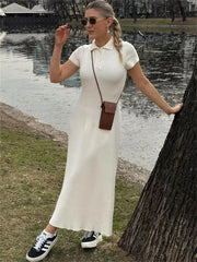 Knit V-Neck Ribbed Short Sleeve Women Long Dress