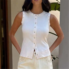 Ribbed knit sleeveless top with studded trim and button front