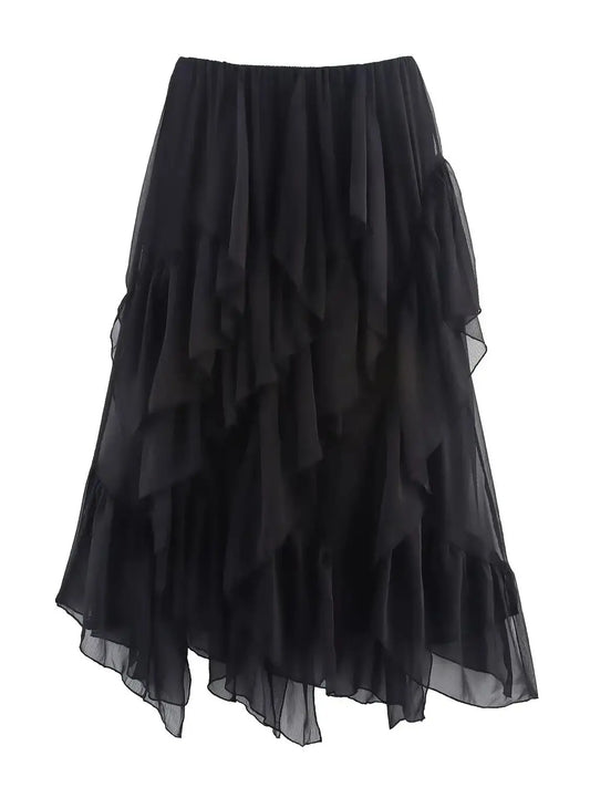Black ruffled asymmetric hemline flowy skirt
