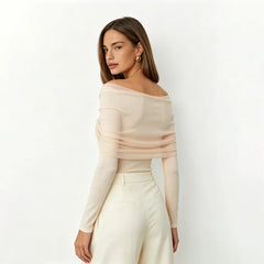 Off-shoulder pleated mesh top back view