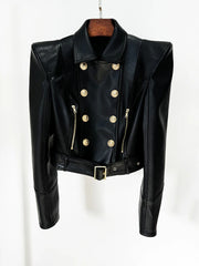 Women's double breasted faux leather short jacket with belt for streetwear.