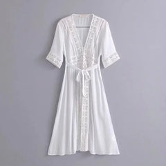 Lace Trim V-Neck Midi Dress