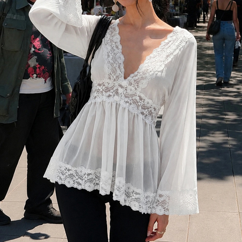 Lace V-neck bell sleeve top back view