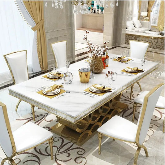 Marble Dining Table Chairs Set Stainless Steel Golden Carved Furniture