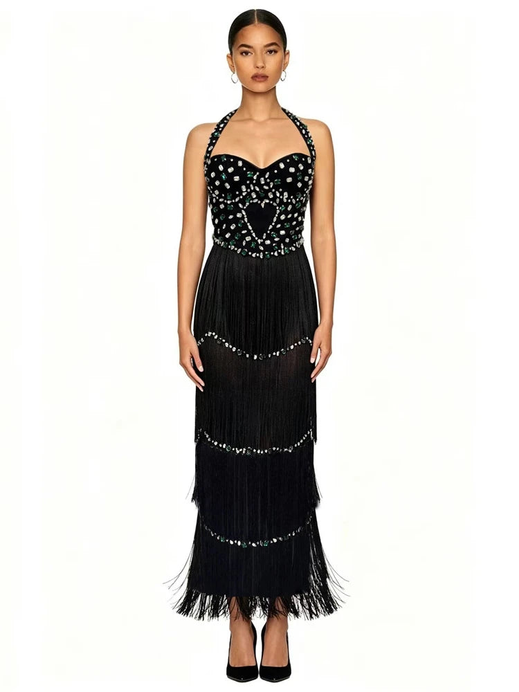 Black beaded halter neck fringe dress